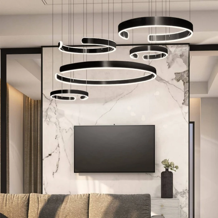 Lampa LED duża do salonu 326W czarna okręgi 652 na pilota - Decorativi