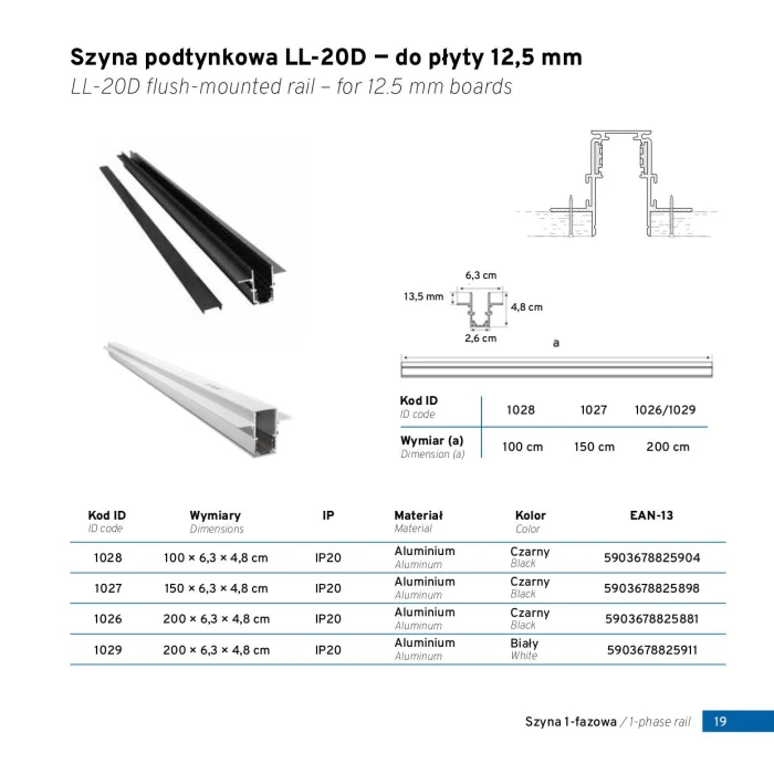 Szyna magnetyczna 1F podtynkowa czarna 150cm 1027 – Decorativi