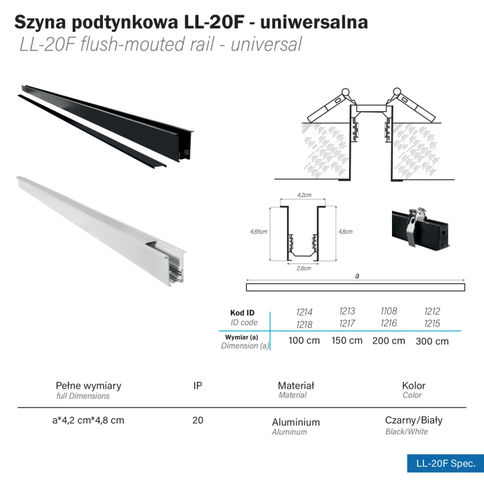 Szyna magnetyczna podtynkowa LL-20F biała 100cm 1218 - Decorativi